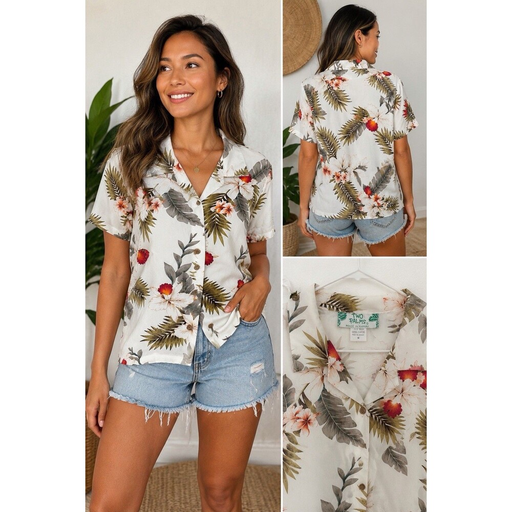 Two Palms Made in Hawaii Women’s M Hawaiian Floral Palm Button Front Camp Shirt